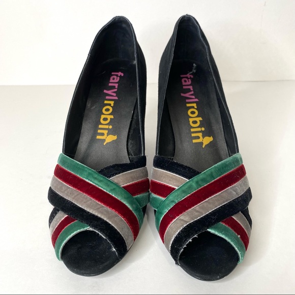 Faryl Robin Suede Velvet Crossover Front Heel Open Toe 40s Retro Anthropologie 6 - Picture 3 of 15